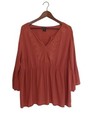 Torrid Rust Orange Embroidered Split V-Neck Babydoll Peasant Top Plus Size 1X
